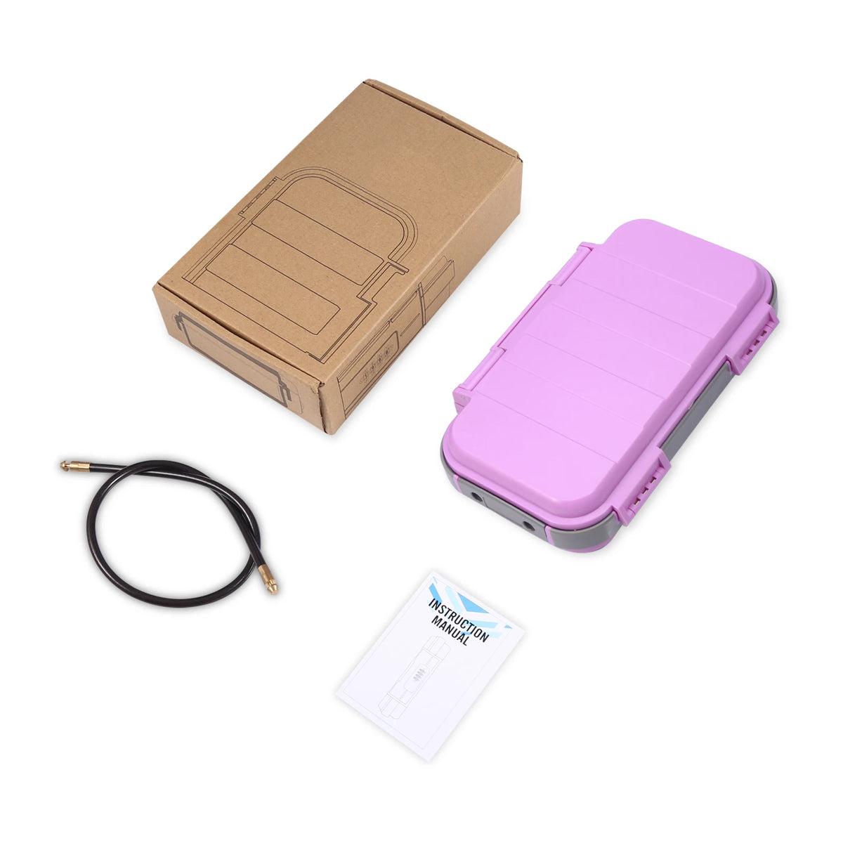 A portable combination lock box in light purple plastic with a cardboard box and instruction manual.