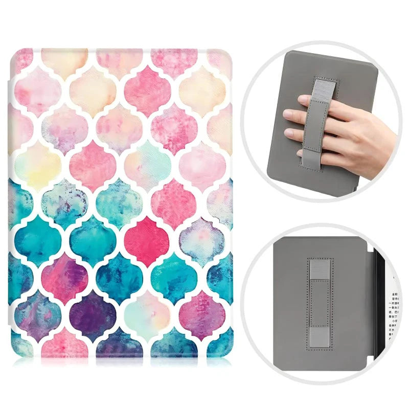 A pink and teal floral patterned leather case for a Kindle Paperwhite device shown in various angles.