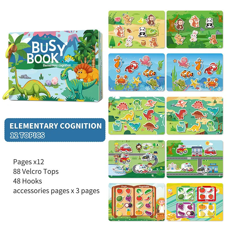 A box of a Busy Book educational activity book for toddlers featuring various animal and food themed pages.