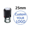 A black self-inking stamp with a clear cylinder, showing a 25mm size specification.
