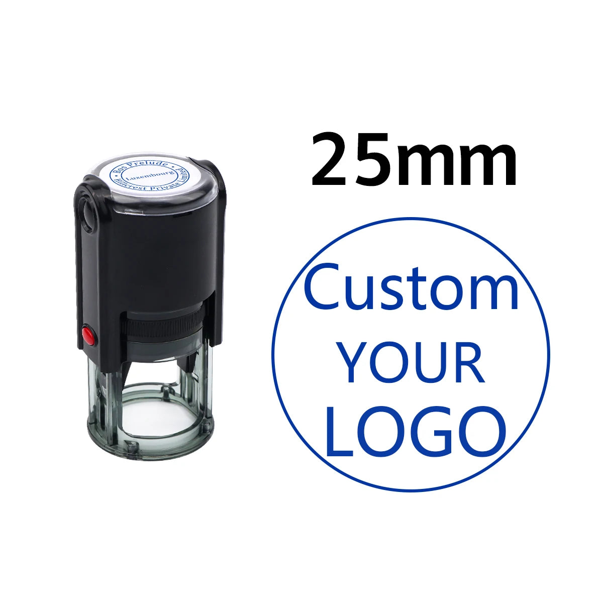 A black self-inking stamp with a clear cylinder, showing a 25mm size specification.