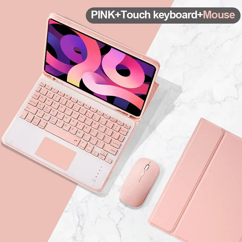 Pink Touch keyboard and mouse combo for an iPad shown on a marble surface.