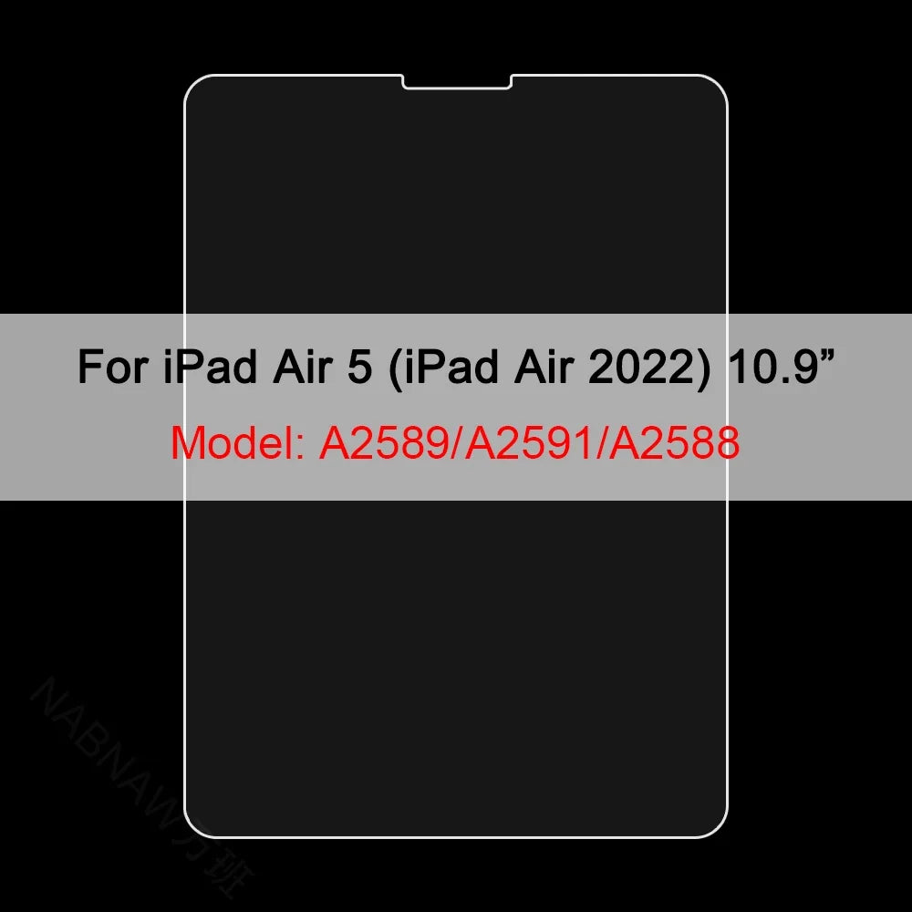 A black screen protector for an iPad Air 5 (iPad Air 2022) with model numbers A2589/A2591/A2588.