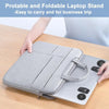 A portable and foldable laptop stand with a keyboard riser included, shown on a wooden desk.