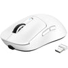 A white Attack Shark wireless gaming mouse with black grips and a detachable USB cable.