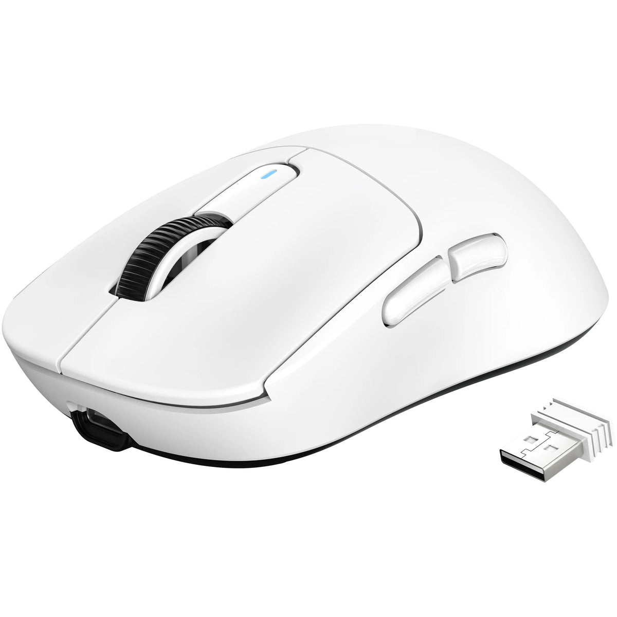 A white Attack Shark wireless gaming mouse with black grips and a detachable USB cable.