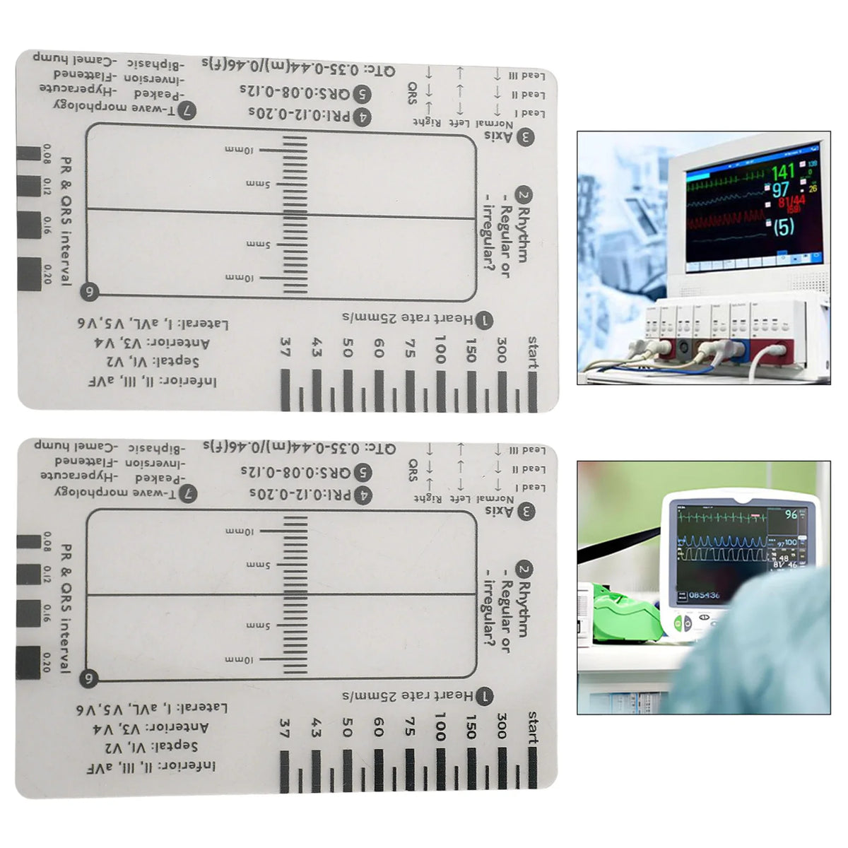 مجموعة من مقاييس تفسير تخطيط القلب الكهربائي (ECG) بخطوات سبع تظهر موجات وفواصل قلبية مختلفة.