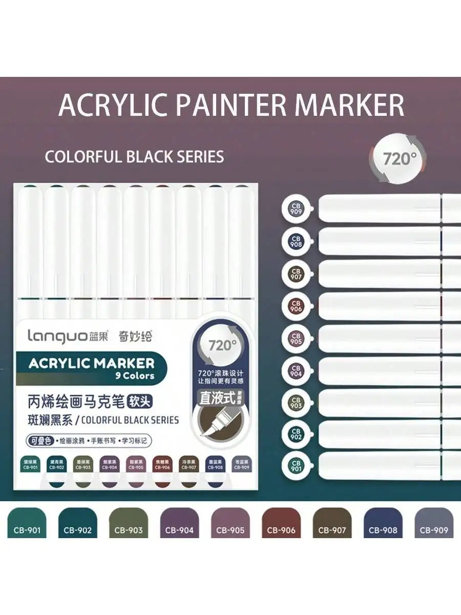 A set of 9 colorful black acrylic paint markers with a 720 degree tip for drawing and art