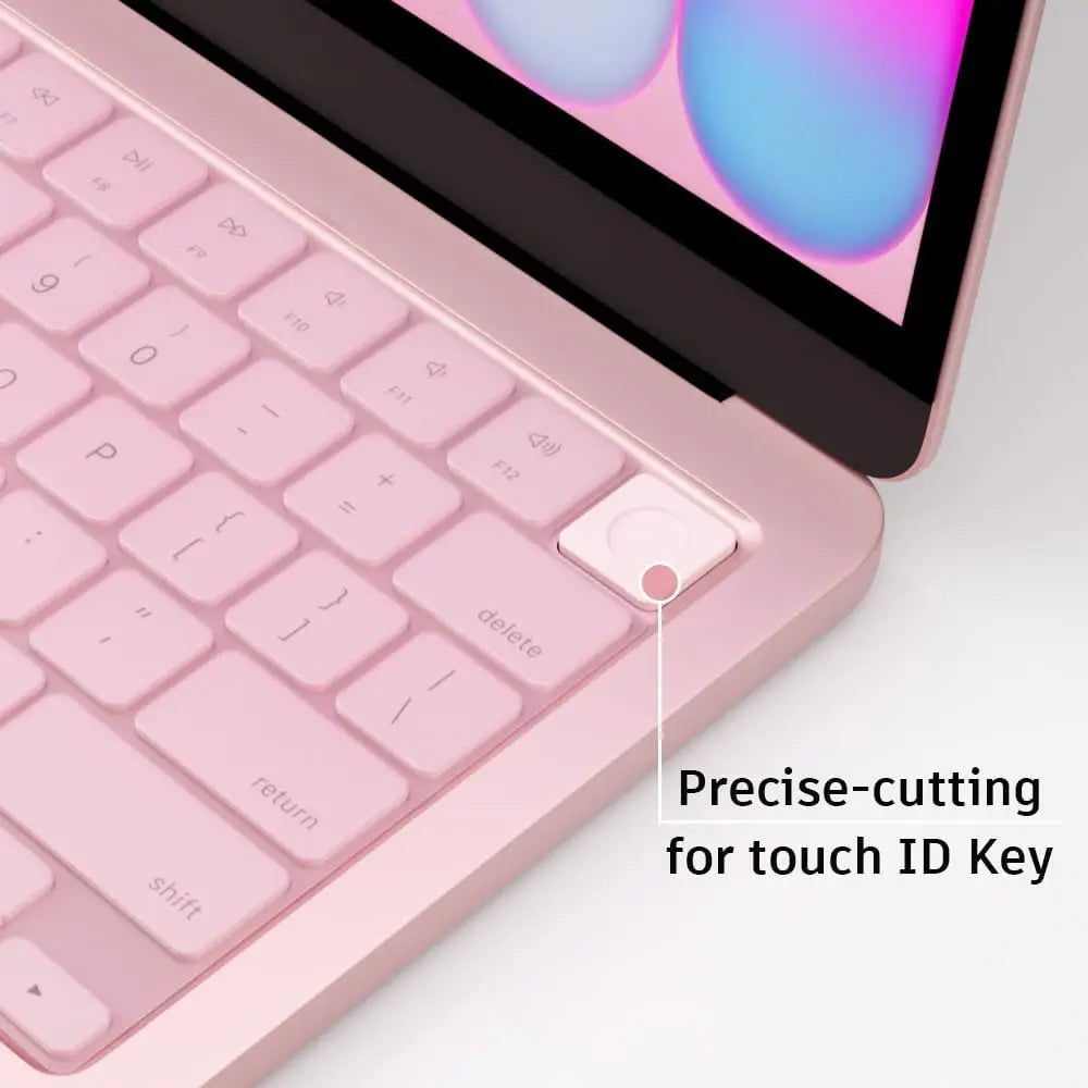 A close-up of a pink silicone keyboard cover for a MacBook, showing a precise-cutting feature for a touch ID key.