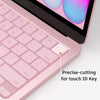 A close-up of a pink silicone keyboard cover for a MacBook, showing a precise-cutting feature for a touch ID key.