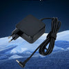 A black universal 45W laptop charger adapter with a cord is shown on a blue textured surface.