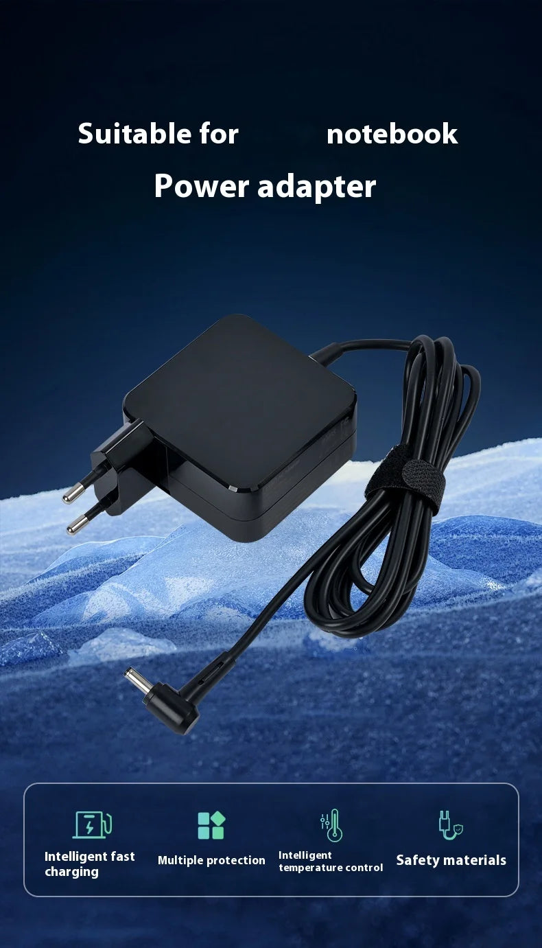 A black universal 45W laptop charger adapter with a cord is shown on a blue textured surface.