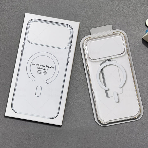 A clear magnetic protective case for an iPhone Pro Max is shown with its packaging and a separate clear plastic storage conta