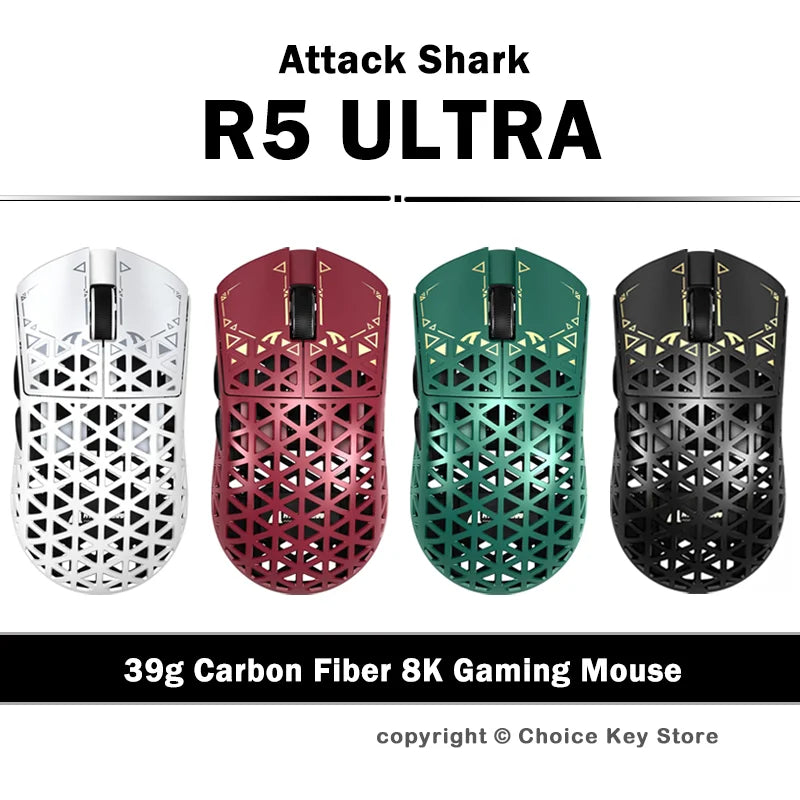 Attack Shark R5 Ultra carbon fiber gaming mouse in silver, red, green, and black colors