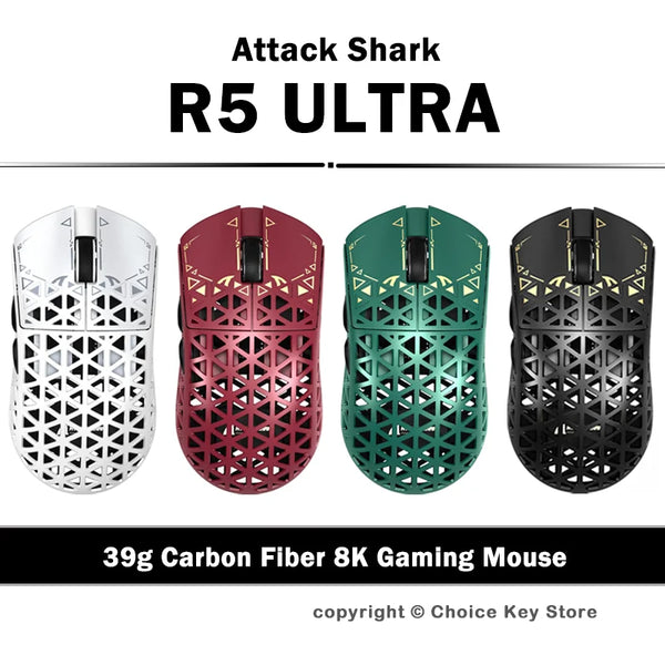 Attack Shark R5 Ultra carbon fiber gaming mouse in silver, red, green, and black colors