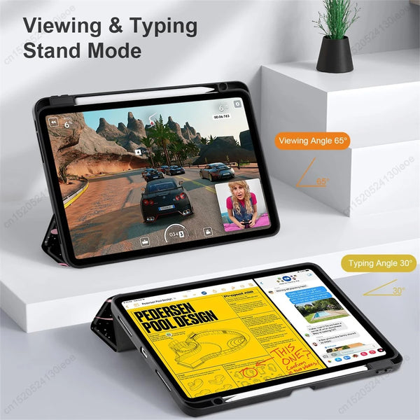 A black silicone protective case for an Apple iPad showing viewing and typing modes.