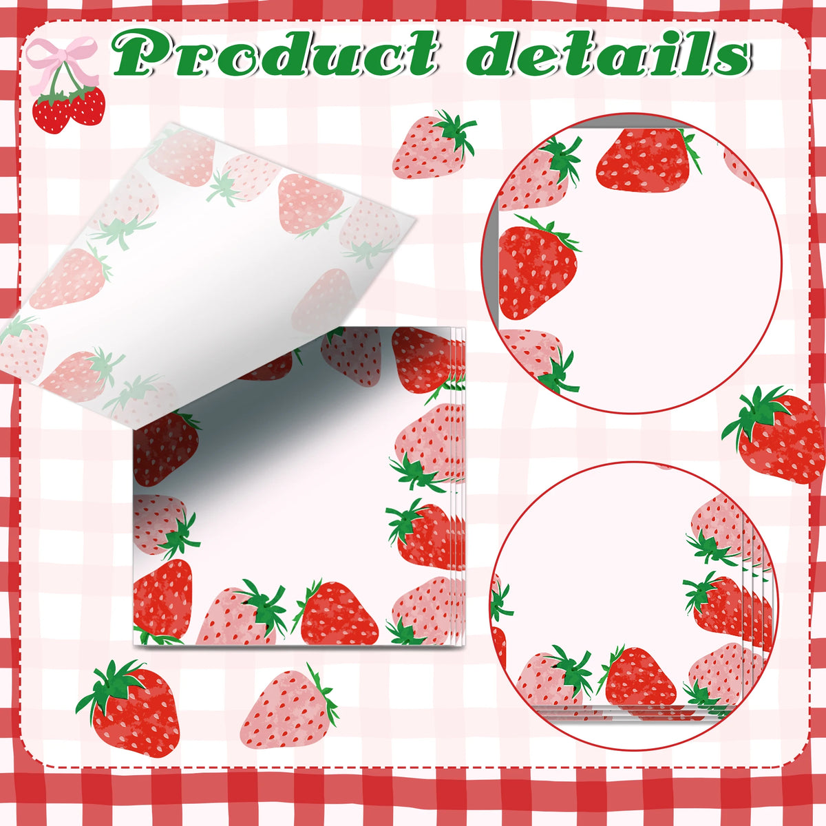 A set of strawberry shaped self-stick memo notes on a pink and white checkered background.