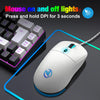 A white wired gaming mouse is shown next to a keyboard, illustrating how to press and hold the DPI button for lights.