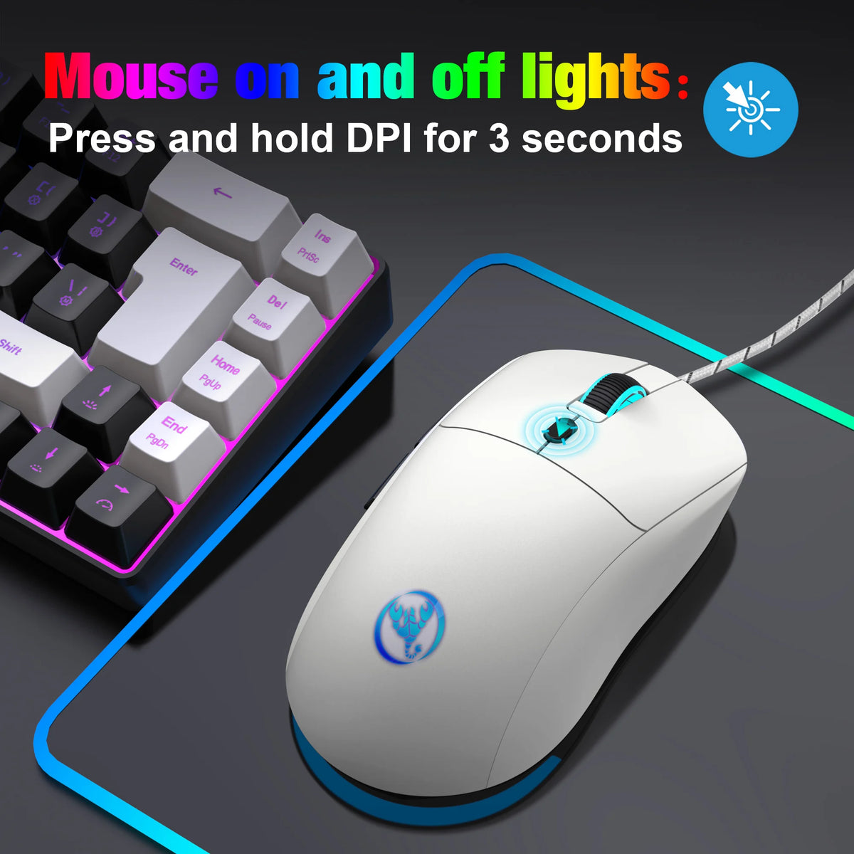 A white wired gaming mouse is shown next to a keyboard, illustrating how to press and hold the DPI button for lights.