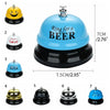 A set of seven classic metal service bells for desk or counter, featuring designs like a smiling face, a heart, and text.