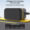 A black battery charger with a yellow accent, showing various LED lights indicating charging status.