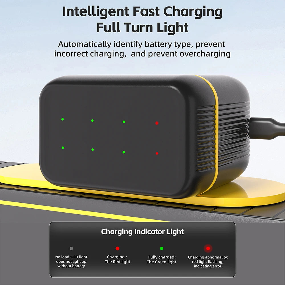 A black battery charger with a yellow accent, showing various LED lights indicating charging status.