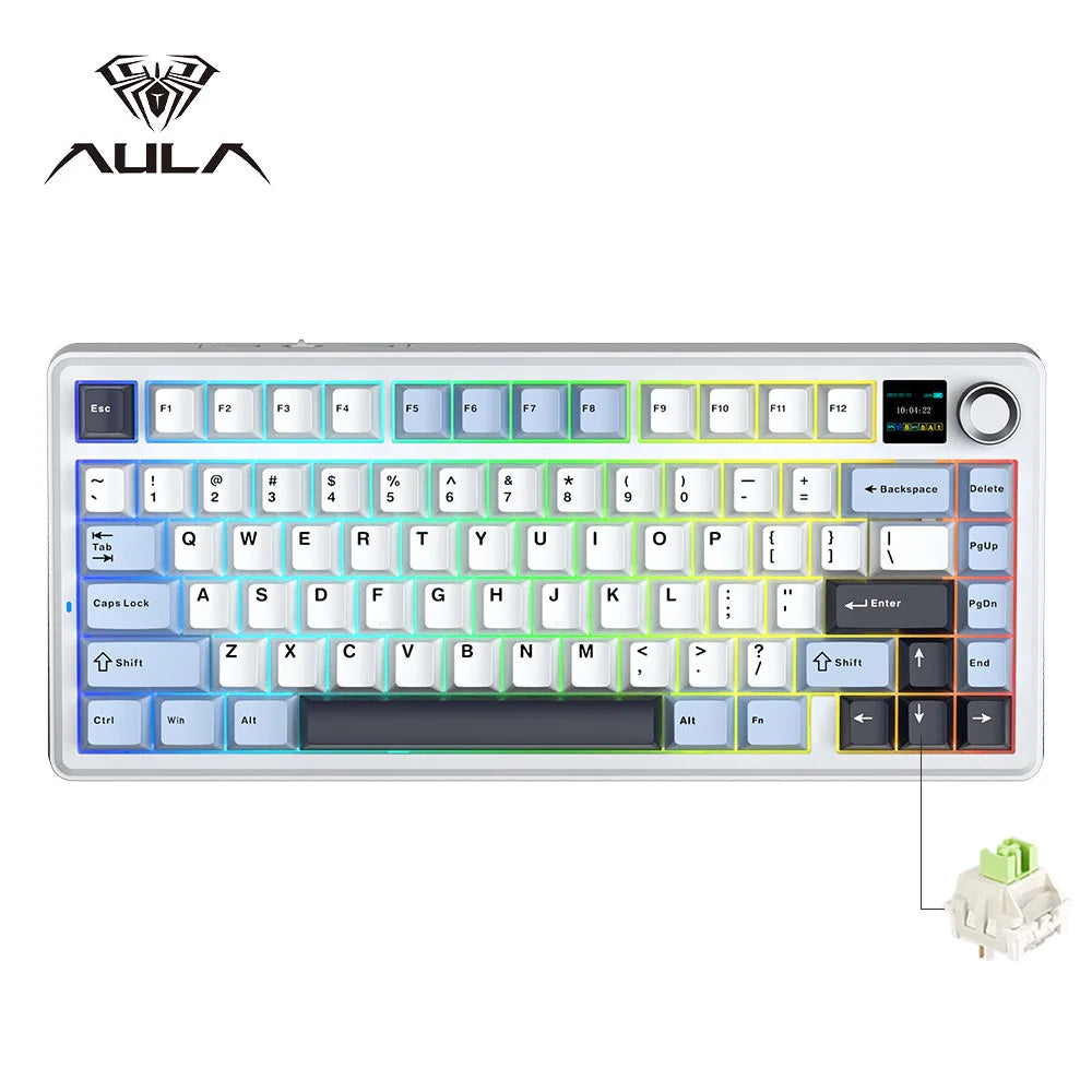 A white mechanical keyboard featuring a full layout and an integrated TFT display.