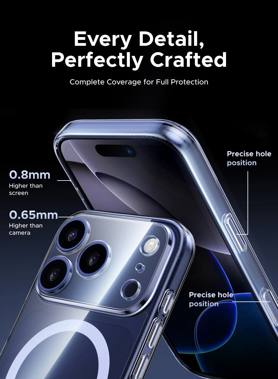 A close-up of a clear magnetic case for an iPhone showing precise hole positioning and coverage details.