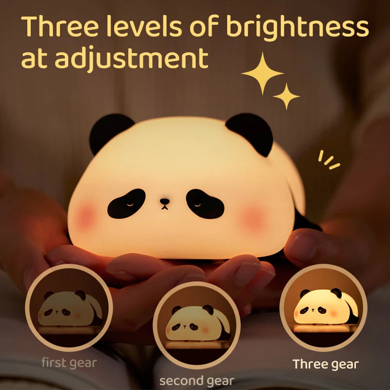 A panda silicone night light is shown with three adjustment levels, labeled first gear, second gear, and three gear.