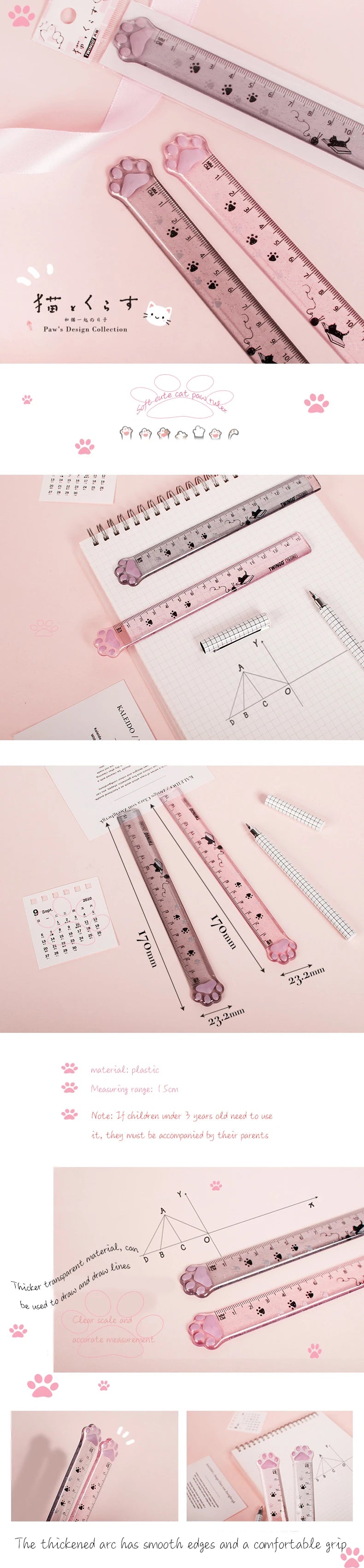 A pink plastic ruler shaped like a cat paw, showing various measurements and markings.