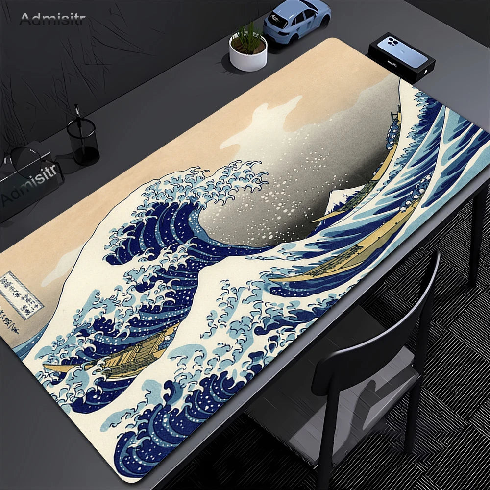 Extra-large mouse pad featuring a detailed illustration of The Great Wave of Kanagawa in blue and white.