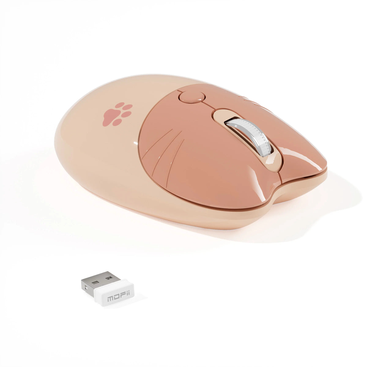 A beige gradient cat-shaped silent wireless mouse with a silver scroll wheel and a white dongle.