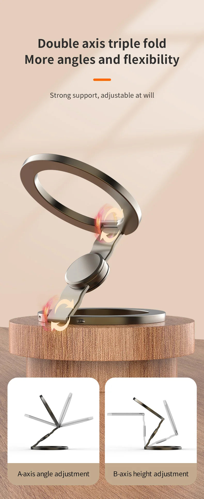 A close-up of a double axis triple fold stand demonstrating angle and height adjustment features.
