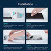 Installation steps showing how to apply a tempered glass screen protector to an iPad using a cleaning kit and peel-off film.