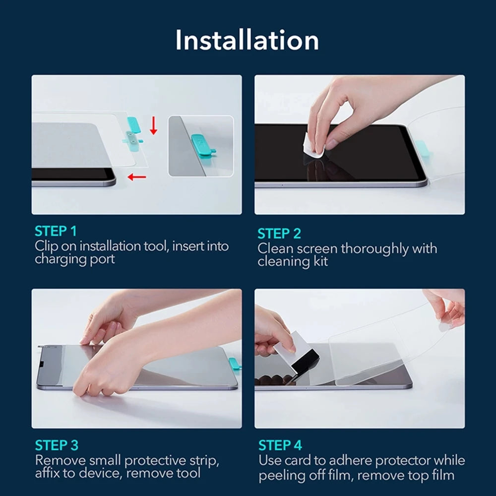 Installation steps showing how to apply a tempered glass screen protector to an iPad using a cleaning kit and peel-off film.