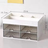 White multifunctional desk organizer with two clear storage drawers shown from the top view.