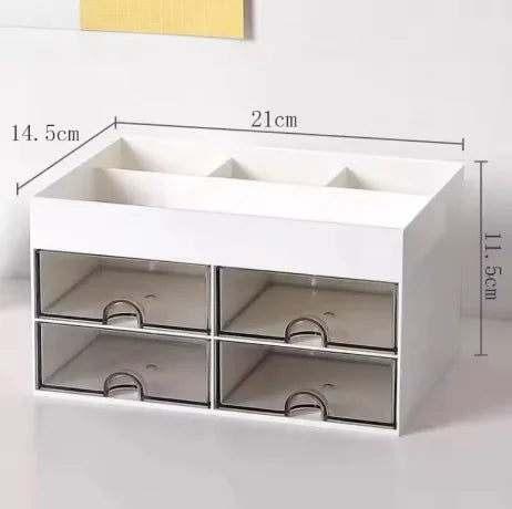 White multifunctional desk organizer with two clear storage drawers shown from the top view.