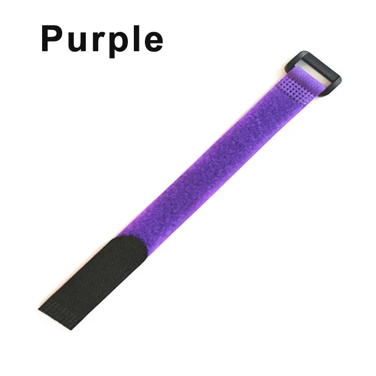 Purple reusable hook and loop cable ties with black grip and buckle.
