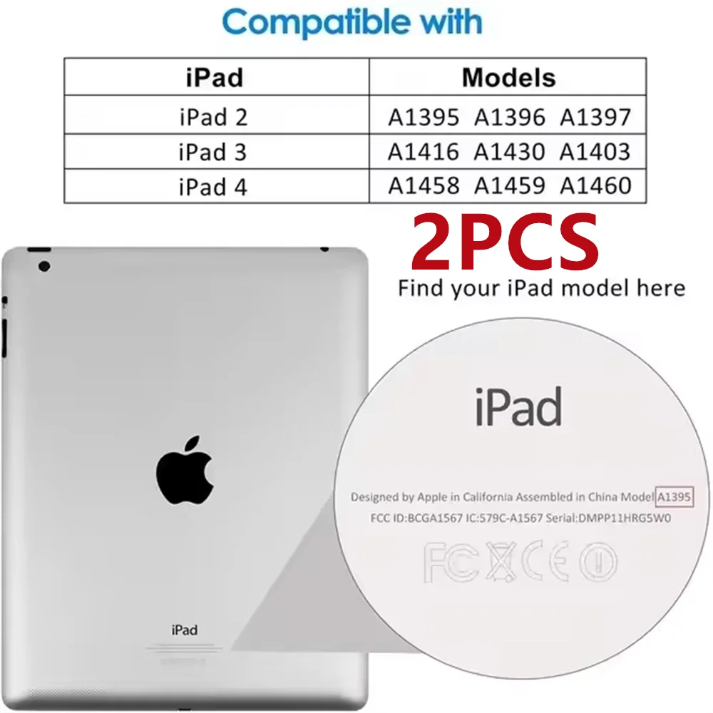 A package showing a 9H tempered glass screen protector for iPad, with compatibility lists and an example of the product.