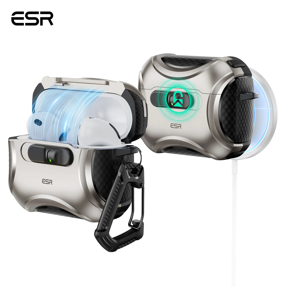 A silver magnetic AirPods case with a flicklock closure and a glowing green indicator light.