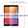A transparent tempered glass screen protector for an iPad Pro 12.9 inch model from 2015 or 2017.
