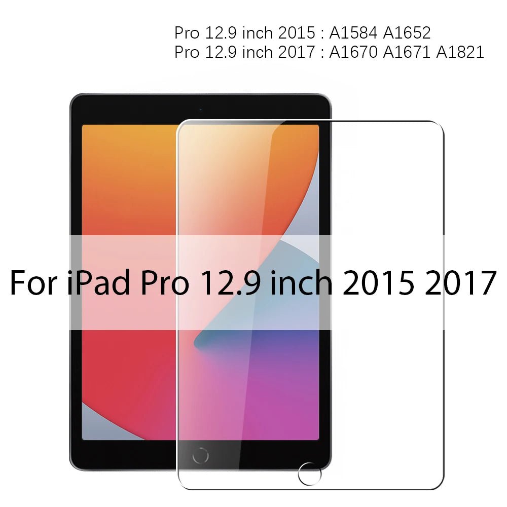 A transparent tempered glass screen protector for an iPad Pro 12.9 inch model from 2015 or 2017.