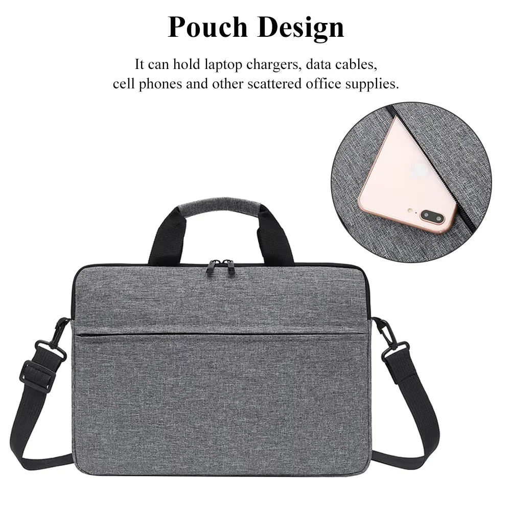 A gray nylon laptop tote bag with a shoulder strap is shown, designed to hold various office supplies and chargers.