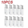 Ten silver USB Type-C to Micro USB adapter converters arranged in a row.