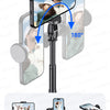 Black auto pop-up tripod selfie stick used for 180 degree angle photography with a smartphone.