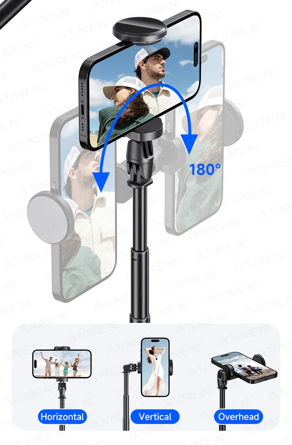 Black auto pop-up tripod selfie stick used for 180 degree angle photography with a smartphone.