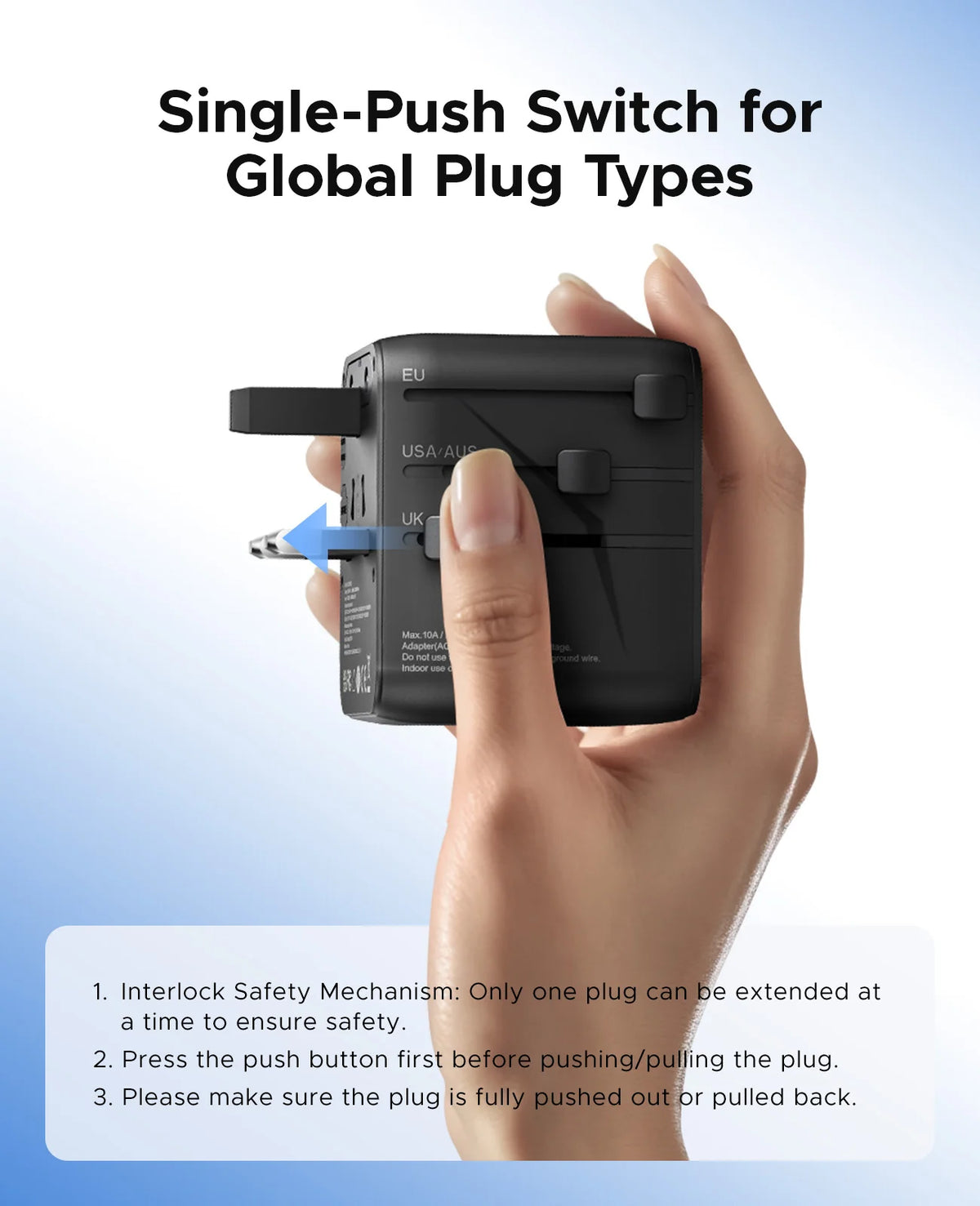 A hand is using a single-push switch adapter to connect a plug, demonstrating its use for global plug types.