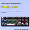 A black mechanical keyboard layout featuring a 101-key design with various function keys and a pink accent bar.