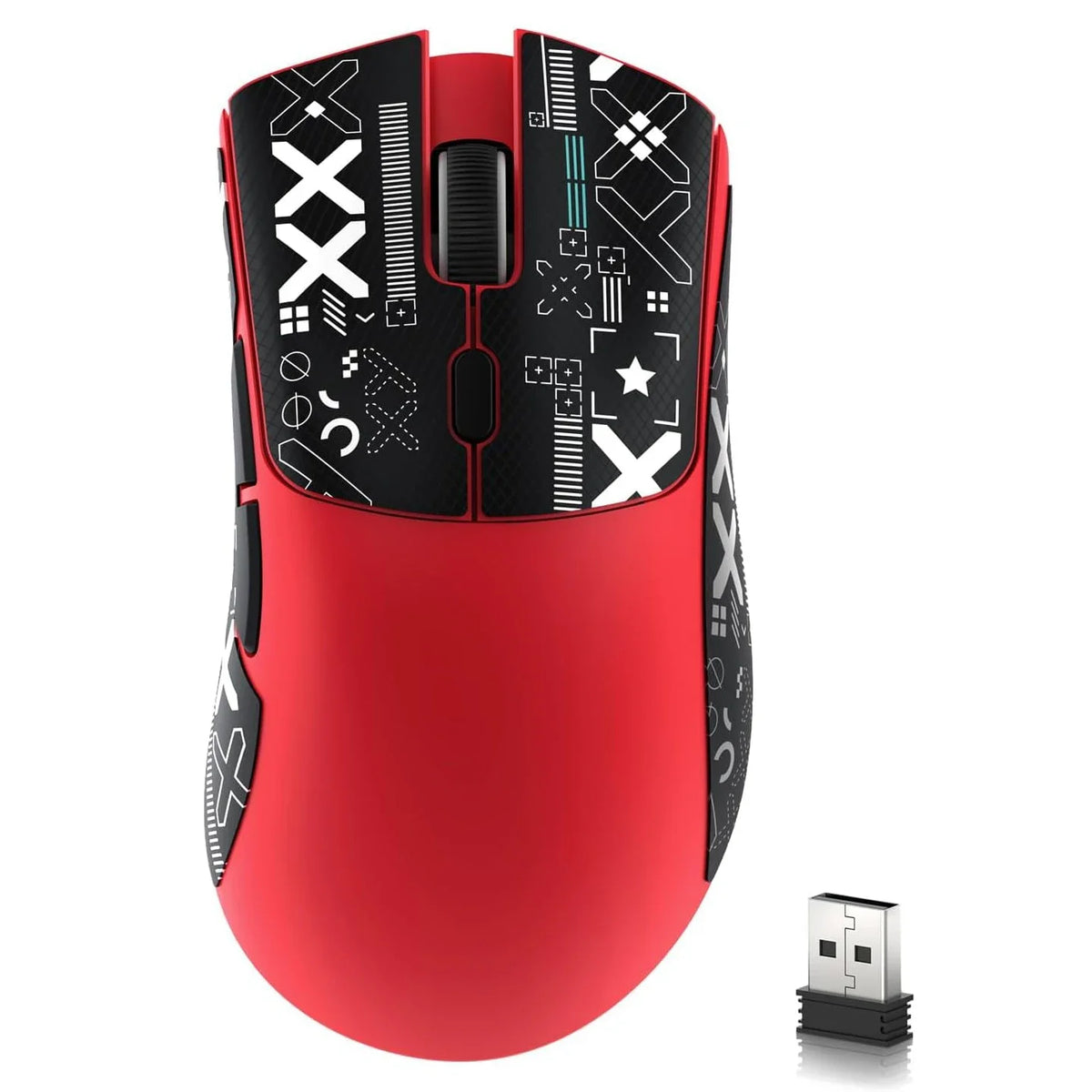 A red high-performance wireless gaming mouse with black and white graphic patterns is shown next to its charging cable.