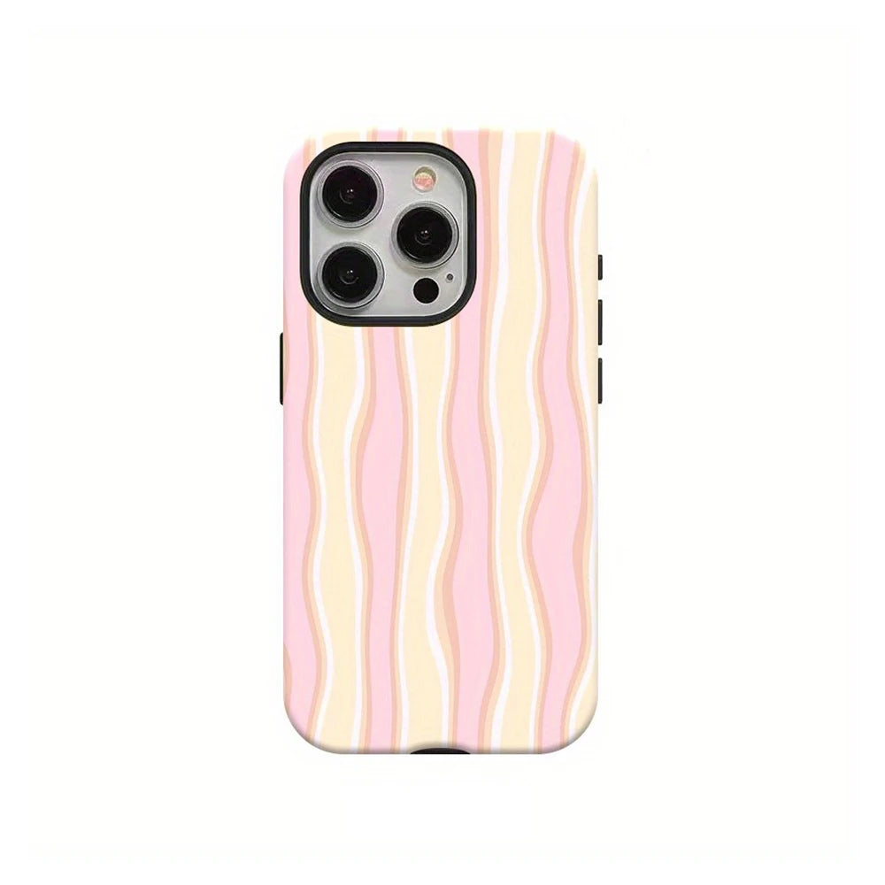 A light pink and cream striped dual-layer phone case with a clear back and a camera module on the back.